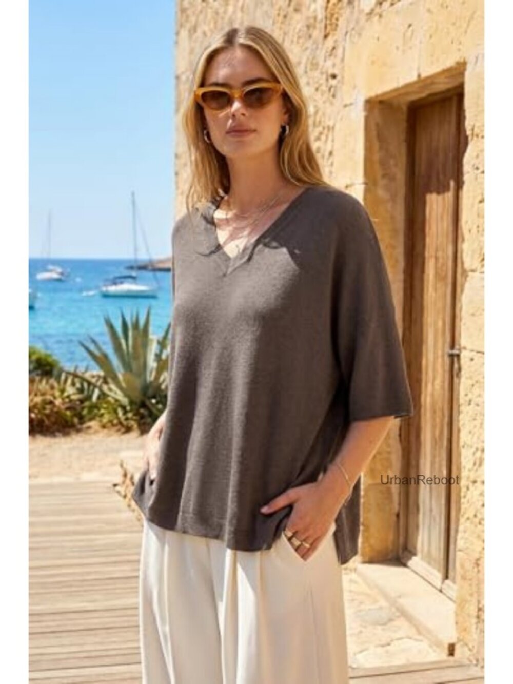 Wool Blend Oversized V-Neck Elbow Sleeve Pullover Sweater - Picture 3 of 5